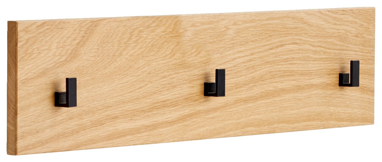 Hakenleiste aus Holz mit drei schwarzen Haken, seitliche Perspektive