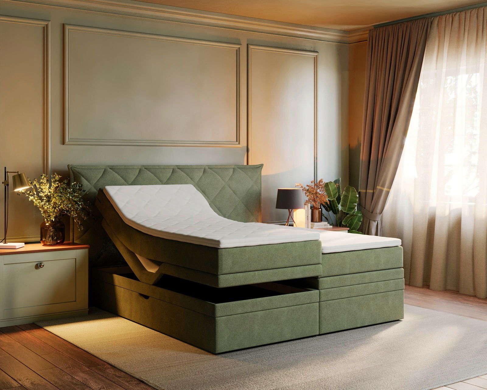 Boxspringbett in einem stilvollen Schlafzimmer, seitliche Perspektive, mit verstellbarer Matratze und eleganter grüner Polsterung.