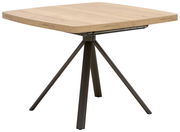 Moderner Esstisch mit quadratischer Holzplatte und schwarzem Metallgestell, seitliche Perspektive