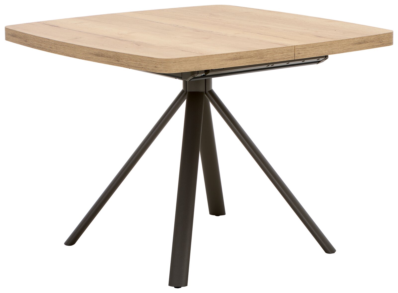 Moderner Esstisch mit quadratischer Holzplatte und schwarzem Metallgestell, seitliche Perspektive