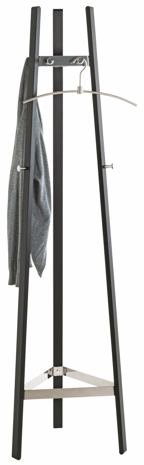 Moderner Garderobenständer aus Metall mit dreibeinigem Design, frontal abgebildet, mit einem grauen Kleidungsstück und einem Kleiderbügel.