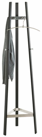 Moderner Garderobenständer aus Metall mit dreibeinigem Design, frontal abgebildet, mit einem grauen Kleidungsstück und einem Kleiderbügel.