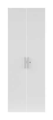 Frontale Ansicht eines weißen Türen-Sets mit zwei Türgriffen und einem Schlüsselloch.