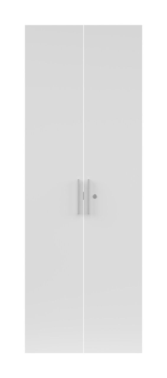 Frontale Ansicht eines weißen Türen-Sets mit zwei Türgriffen und einem Schlüsselloch.