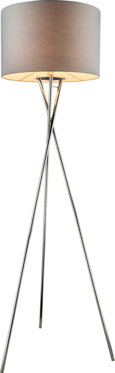Globo Lighting Stehleuchte GUSTAV Moderne Stehleuchte mit dreibeinigem Chromgestell und grauem Stoffschirm, seitliche Perspektive