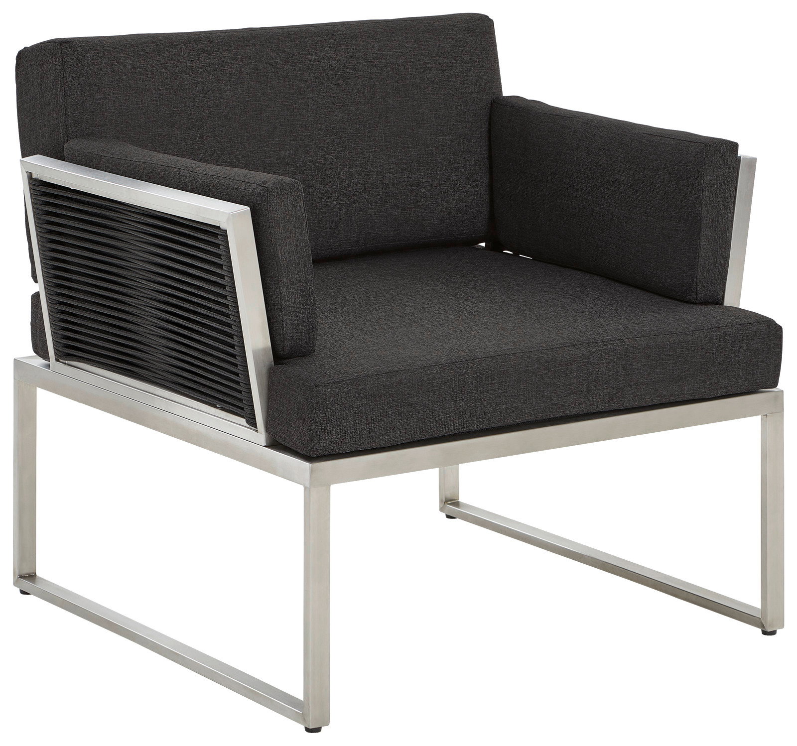 Moderner Loungesessel mit schwarzem Polster und silbernem Metallrahmen, seitliche Perspektive