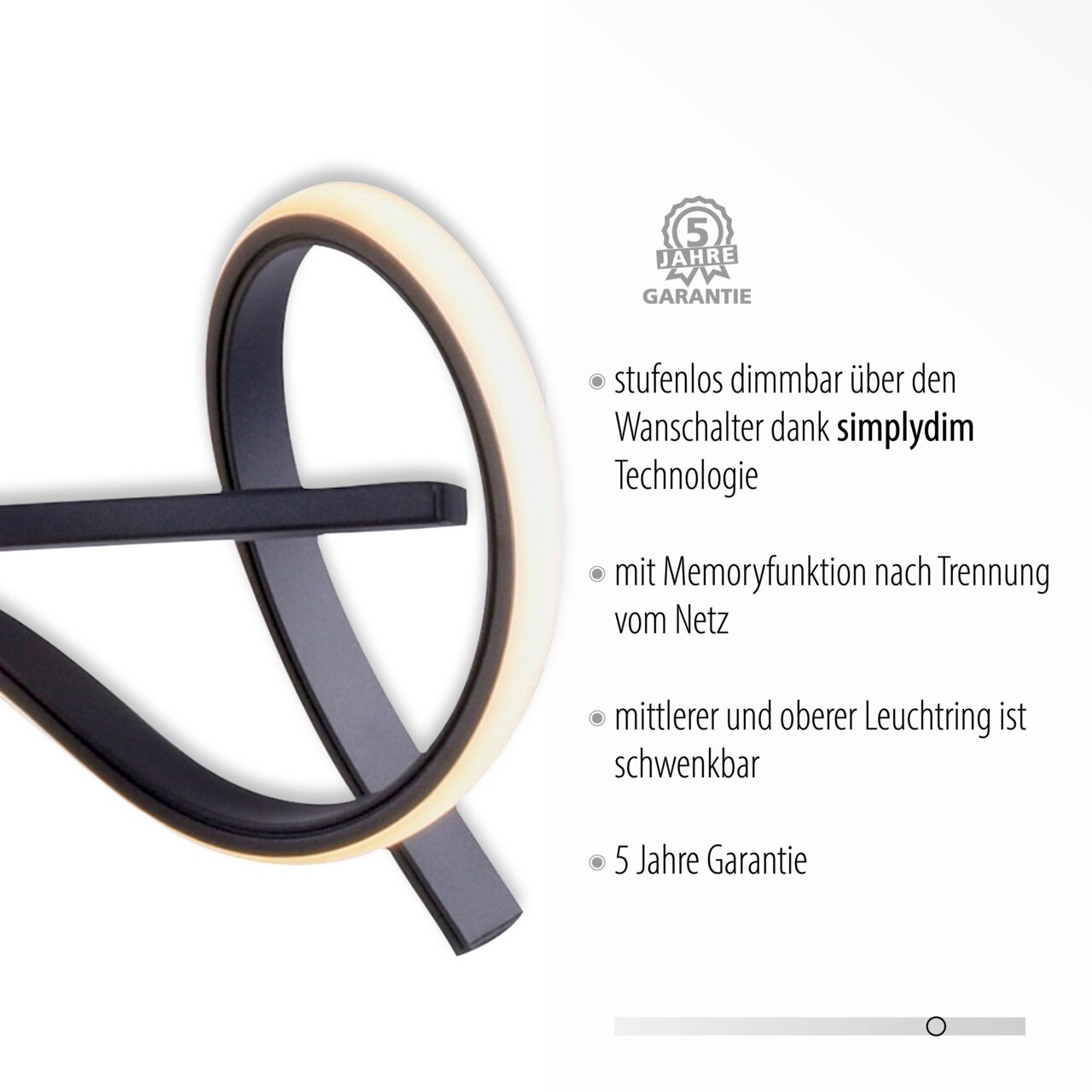 Close-up van de hanglamp CURLS met een gebogen ontwerp, dimbaar met SimplyDim-technologie, geheugenfunctie en draaibare lichtringen.