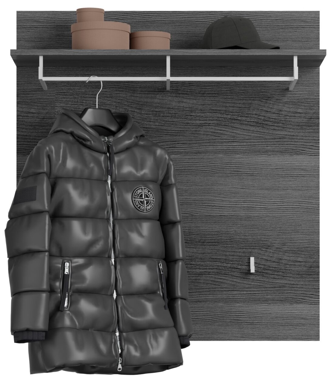 Garderoben-Set mit grauer Holzoptik, Kleiderhaken und Ablage, frontal betrachtet, mit schwarzer Jacke und Hüten.