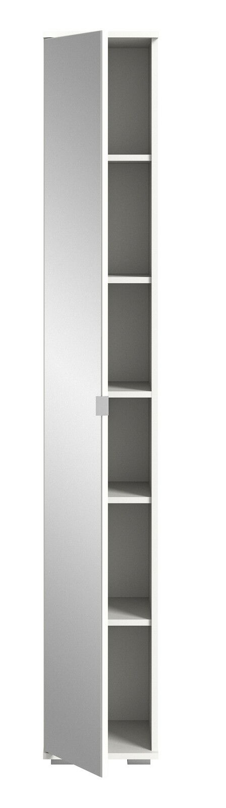 Spiegelschrank mit geöffneter Tür, zeigt mehrere Regalböden, Frontalansicht