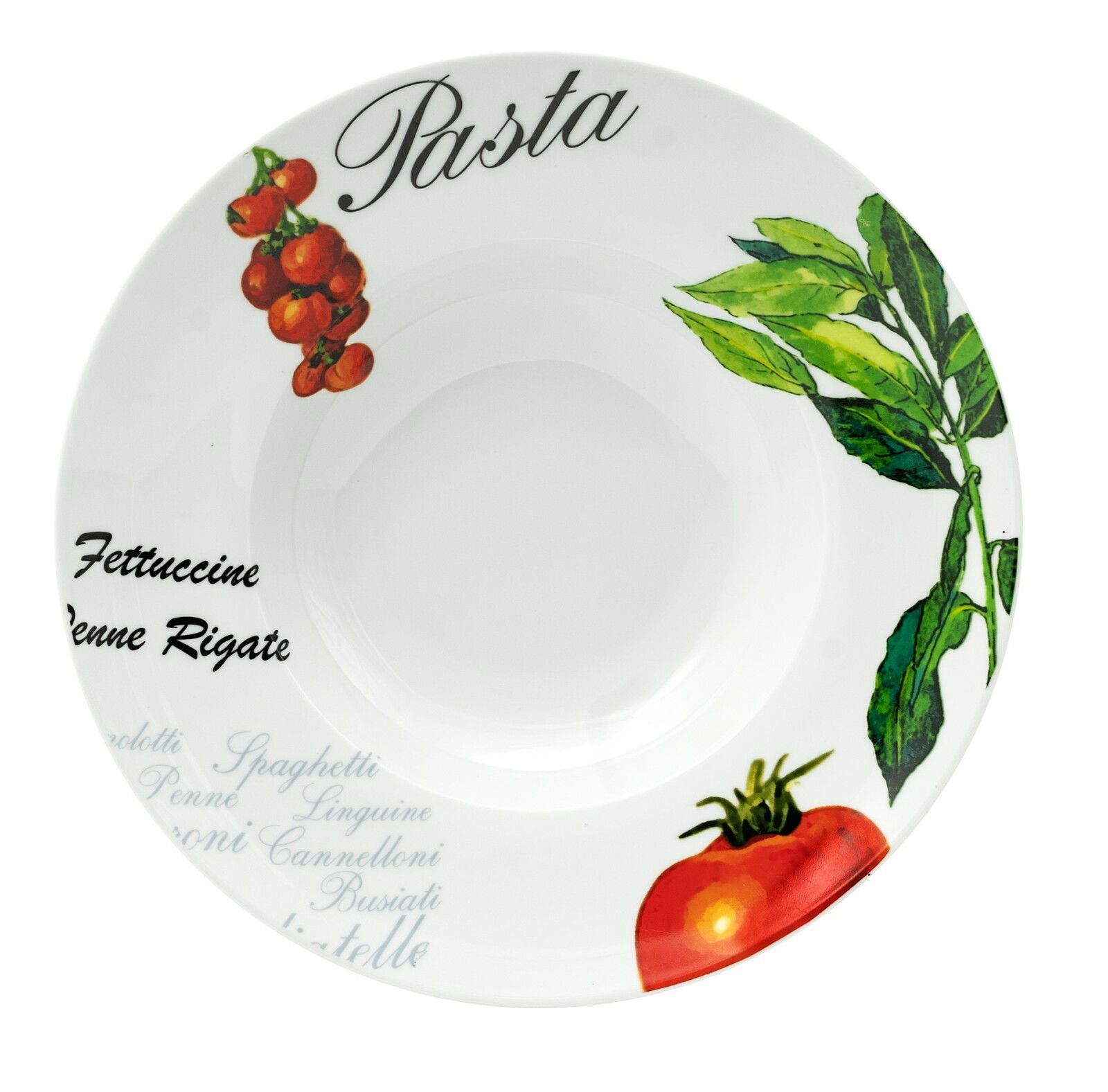 Pastateller mit Tomaten- und Basilikum-Motiv, Draufsicht