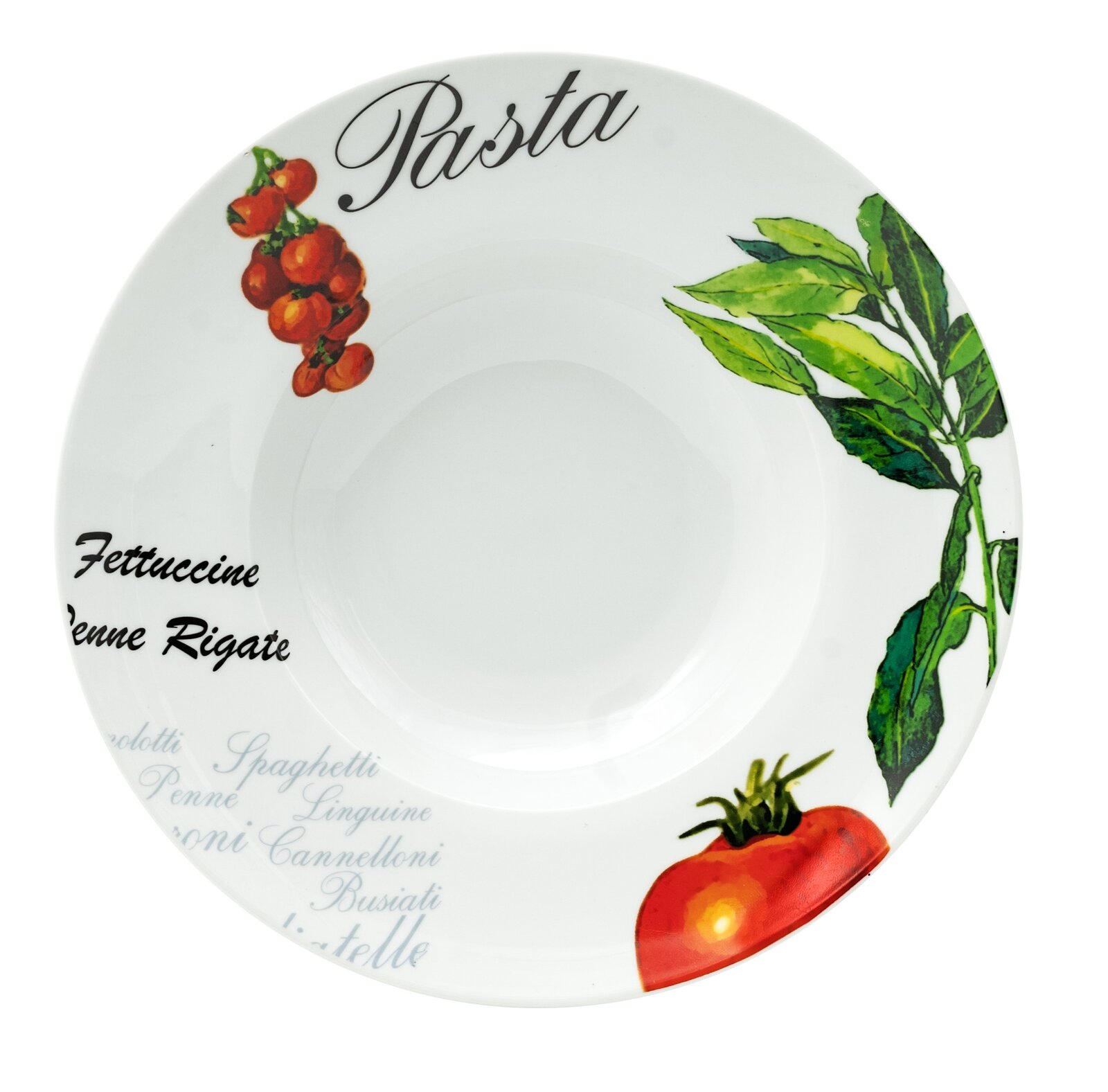 Pastateller mit Tomaten- und Basilikum-Motiv, Draufsicht