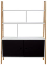 Frontale Ansicht eines modernen Bücherregals mit weißem Gestell, zwei offenen Regalböden und zwei schwarzen Schranktüren unten.