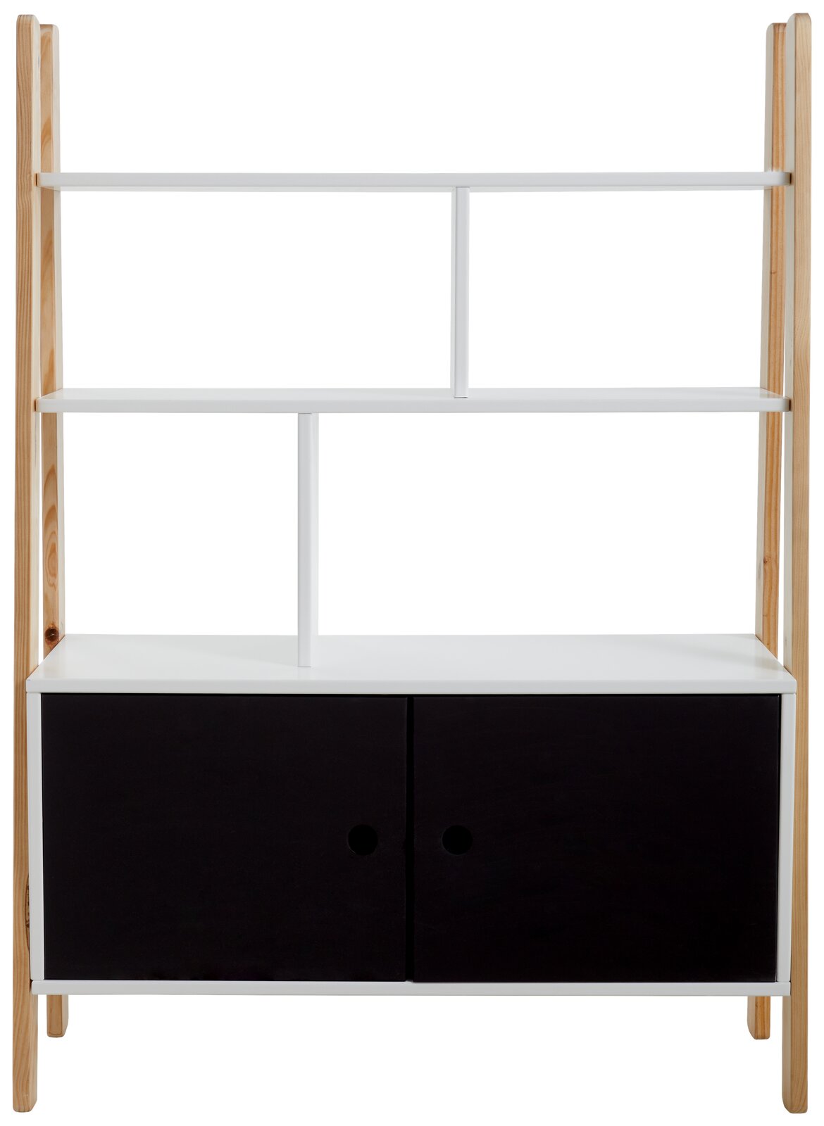 Frontale Ansicht eines modernen Bücherregals mit weißem Gestell, zwei offenen Regalböden und zwei schwarzen Schranktüren unten.