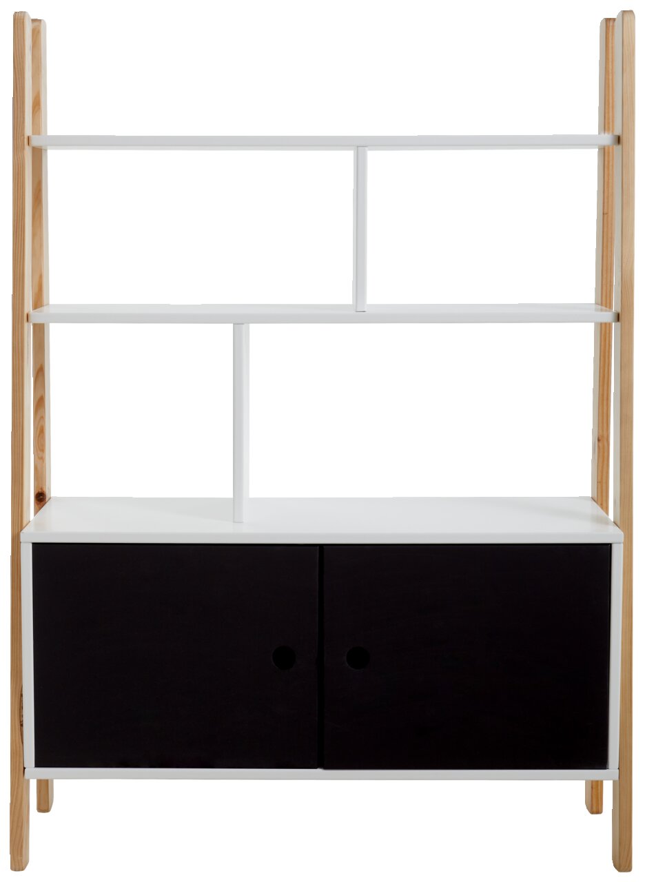 XORA Bücherregal OMAR Frontale Ansicht eines modernen Bücherregals mit weißem Gestell, zwei offenen Regalböden und zwei schwarzen Schranktüren unten.