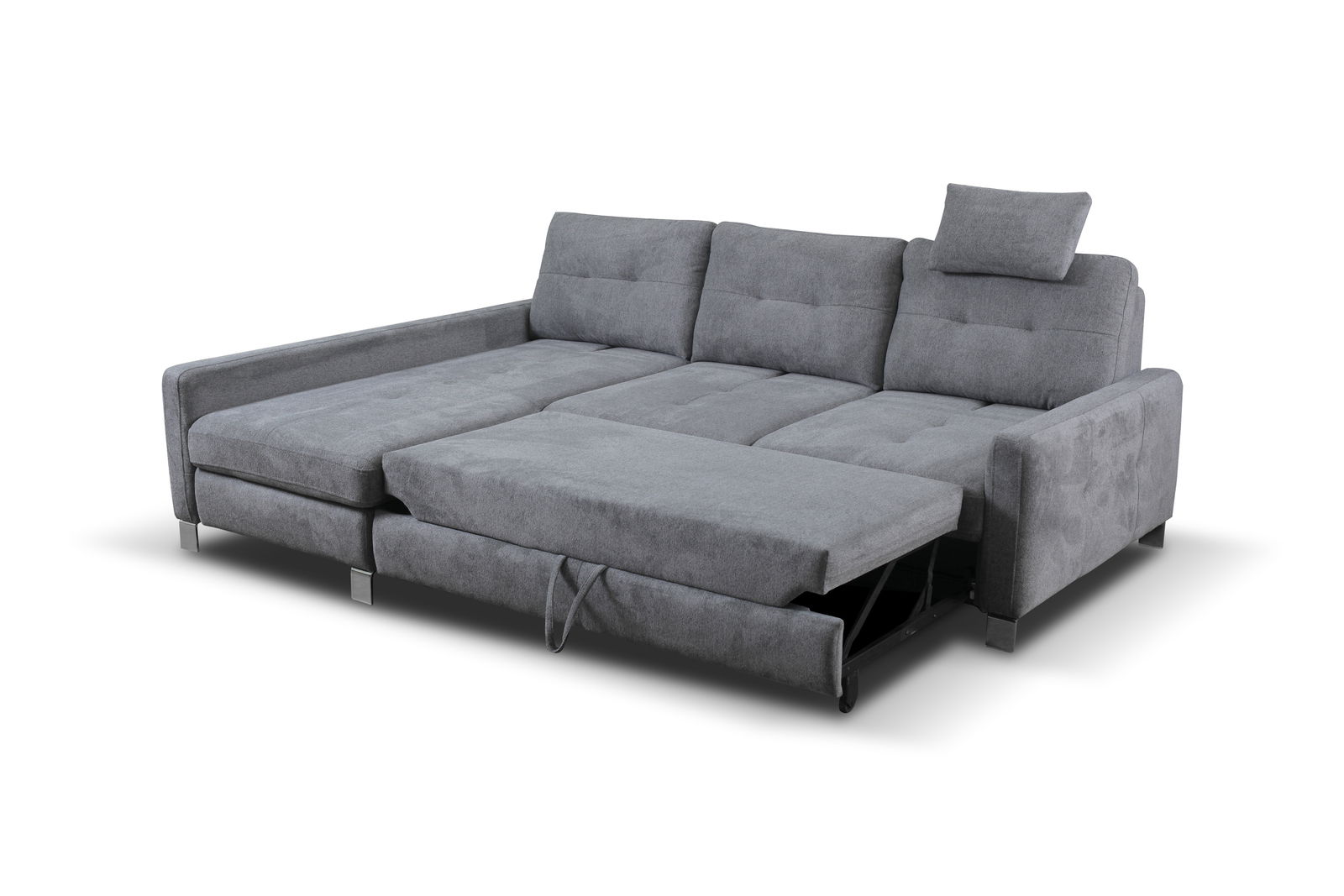 Graues Ecksofa mit ausziehbarer Liegefläche, Perspektive von vorne links