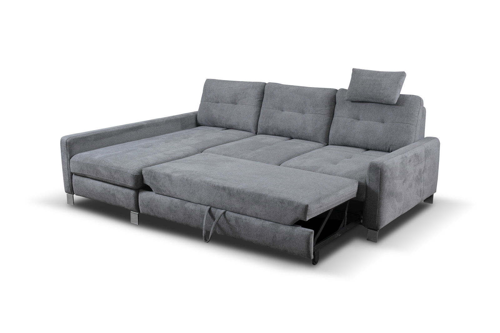 Graues Ecksofa mit ausziehbarer Liegefläche, Perspektive von vorne links