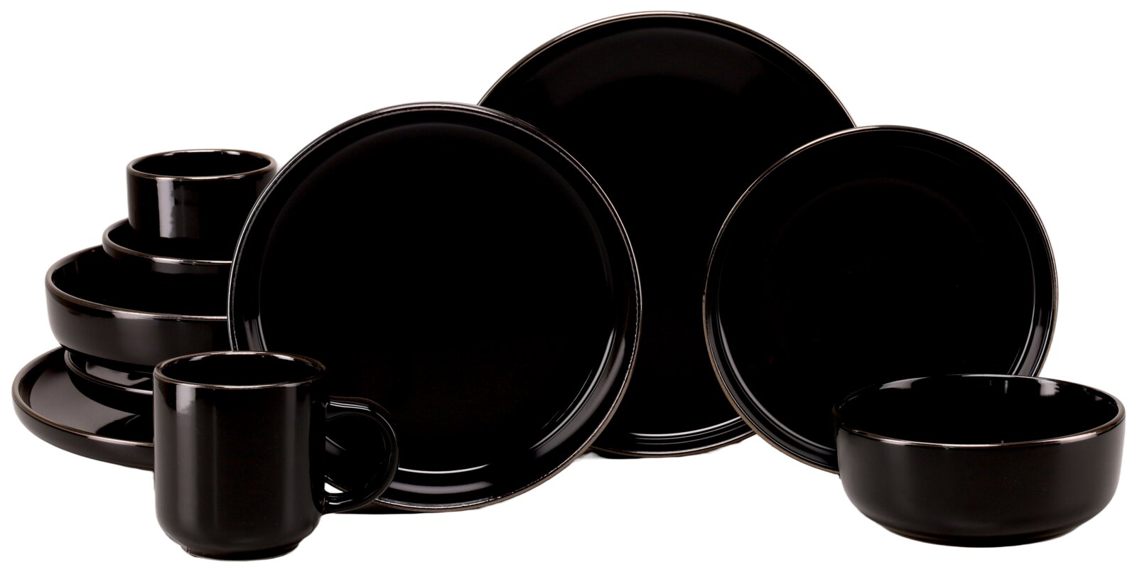 creaTable Kombiservice 10-tlg NORDIC FESTIVE Schwarzes, glänzendes Geschirrset mit Tellern, Schalen und Bechern, frontal in leichter Schrägansicht vor weißem Hintergrund