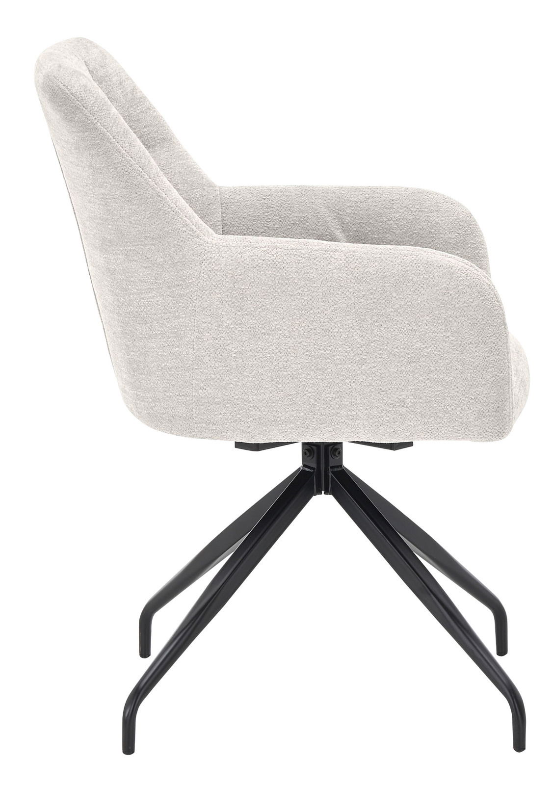 Seitenansicht eines modernen Armlehnstuhls mit hellgrauem Stoffbezug und schwarzem Metallgestell.