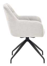 Seitenansicht eines modernen Armlehnstuhls mit hellgrauem Stoffbezug und schwarzem Metallgestell.