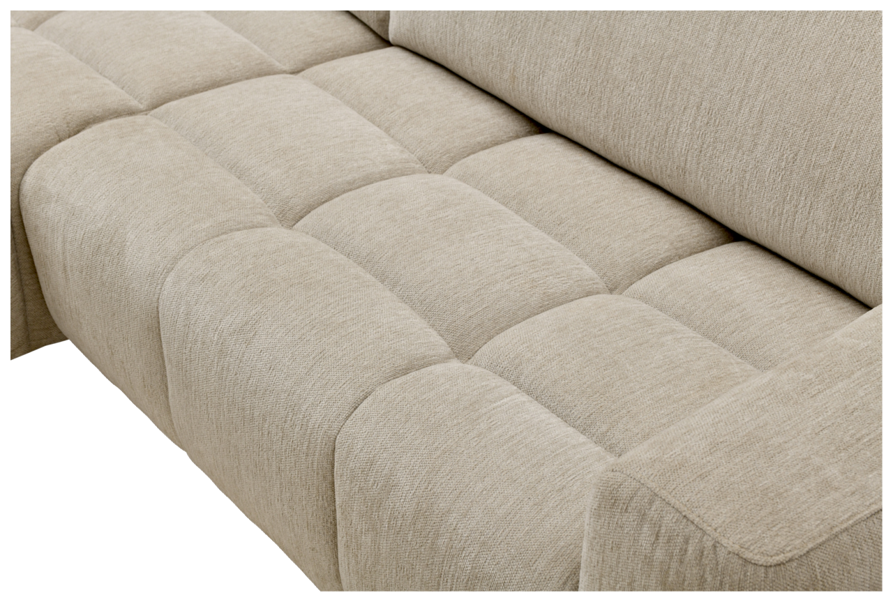 Nahaufnahme einer beigen Rundecke mit gepolsterten Sitzflächen und Armlehne, Perspektive von schräg oben.