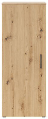 Frontansicht einer Kommode mit Holzmaserung und schwarzem Griff