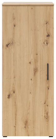 Frontansicht einer Kommode mit Holzmaserung und schwarzem Griff