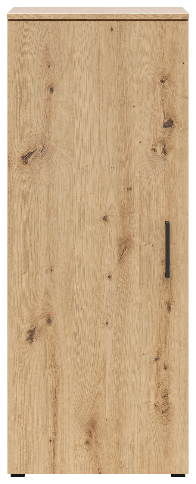 Frontansicht einer Kommode mit Holzmaserung und schwarzem Griff