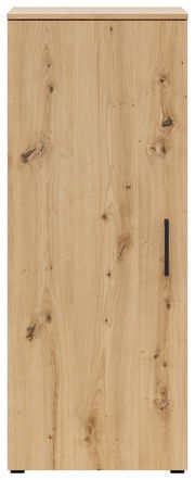 Frontansicht einer Kommode mit Holzmaserung und schwarzem Griff