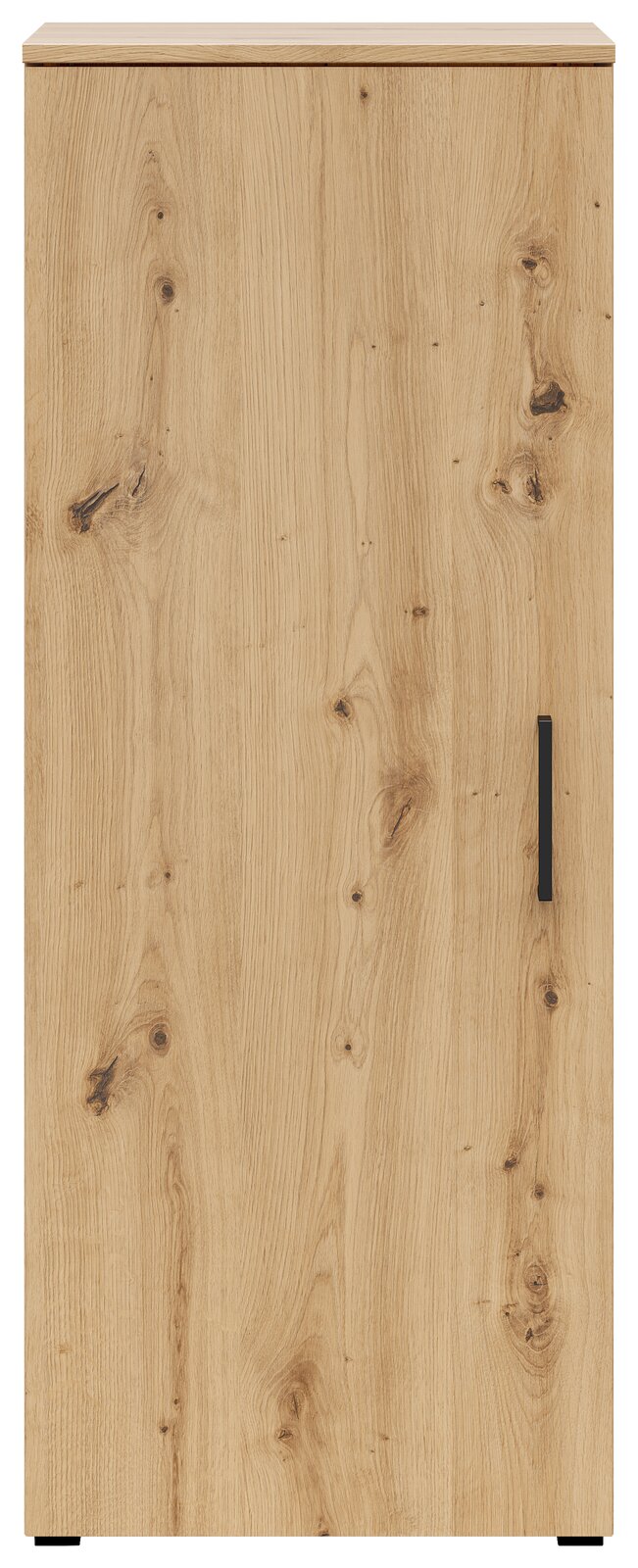 Frontansicht einer Kommode mit Holzmaserung und schwarzem Griff