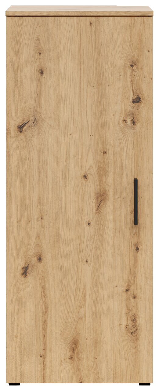 Frontansicht einer Kommode mit Holzmaserung und schwarzem Griff