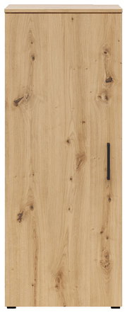 Frontansicht einer Kommode mit Holzmaserung und schwarzem Griff