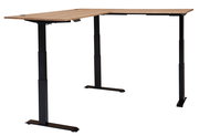 Moderner höhenverstellbarer Eckschreibtisch aus Melamin mit schwarzem Gestell, seitliche Perspektive