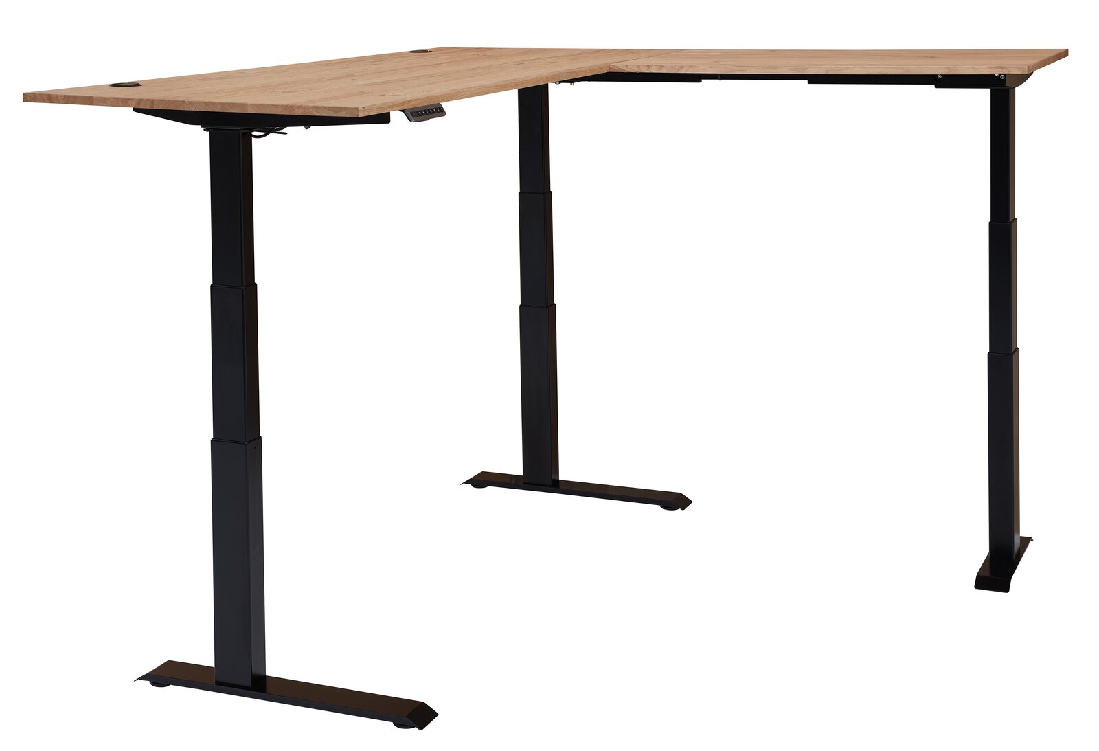 Moderner höhenverstellbarer Eckschreibtisch aus Melamin mit schwarzem Gestell, seitliche Perspektive