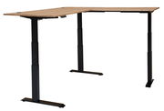Moderner höhenverstellbarer Eckschreibtisch aus Melamin mit schwarzem Gestell, seitliche Perspektive