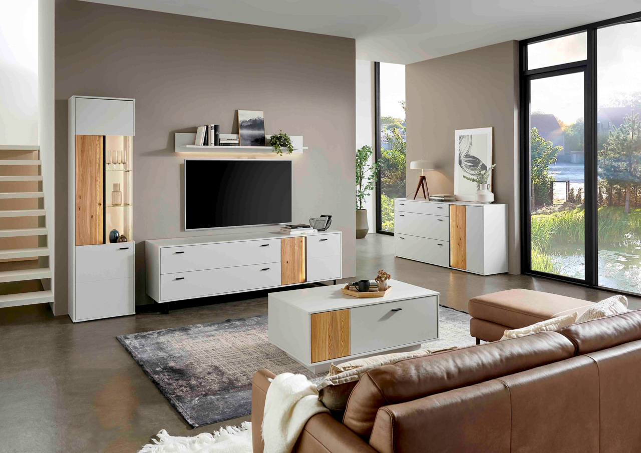 Hom´in Sideboard GLASGOW Modernes Wohnzimmer mit Sideboard Hom'in GLASGOW in Weiß und Holzoptik, seitliche Perspektive