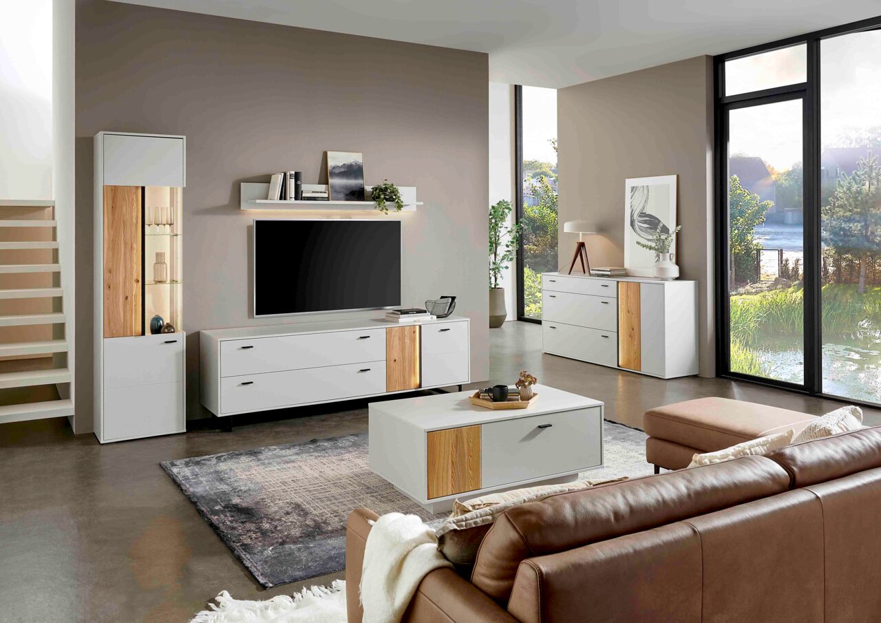 Hom´in Dressoir GLASGOW Modernes Wohnzimmer mit Sideboard Hom'in GLASGOW in Weiß und Holzoptik, seitliche Perspektive