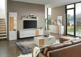 Modernes Wohnzimmer mit Sideboard Hom'in GLASGOW in Weiß und Holzoptik, seitliche Perspektive