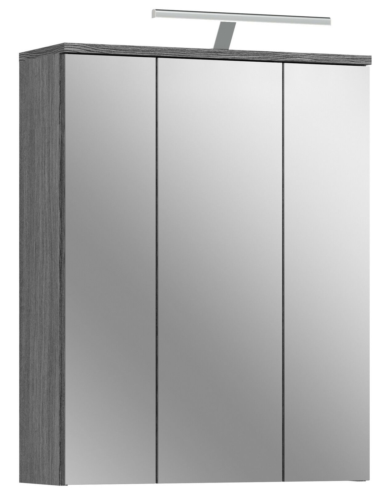 Moderner Spiegelschrank mit Beleuchtung, dreitürig, in Holzoptik, seitliche Perspektive