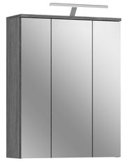 Moderner Spiegelschrank mit Beleuchtung, dreitürig, in Holzoptik, seitliche Perspektive