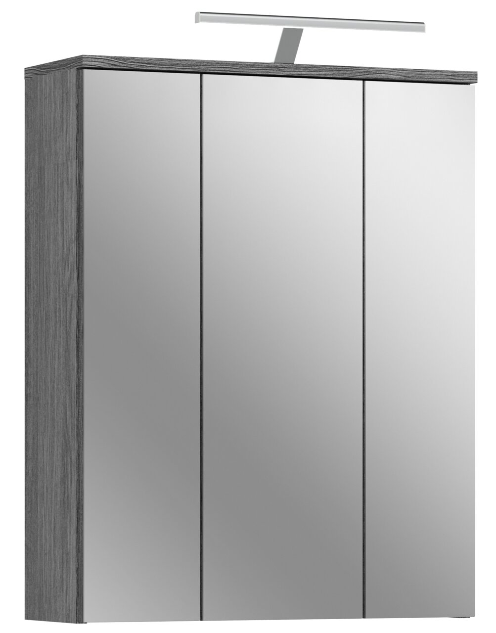 Moderner Spiegelschrank mit Beleuchtung, dreitürig, in Holzoptik, seitliche Perspektive