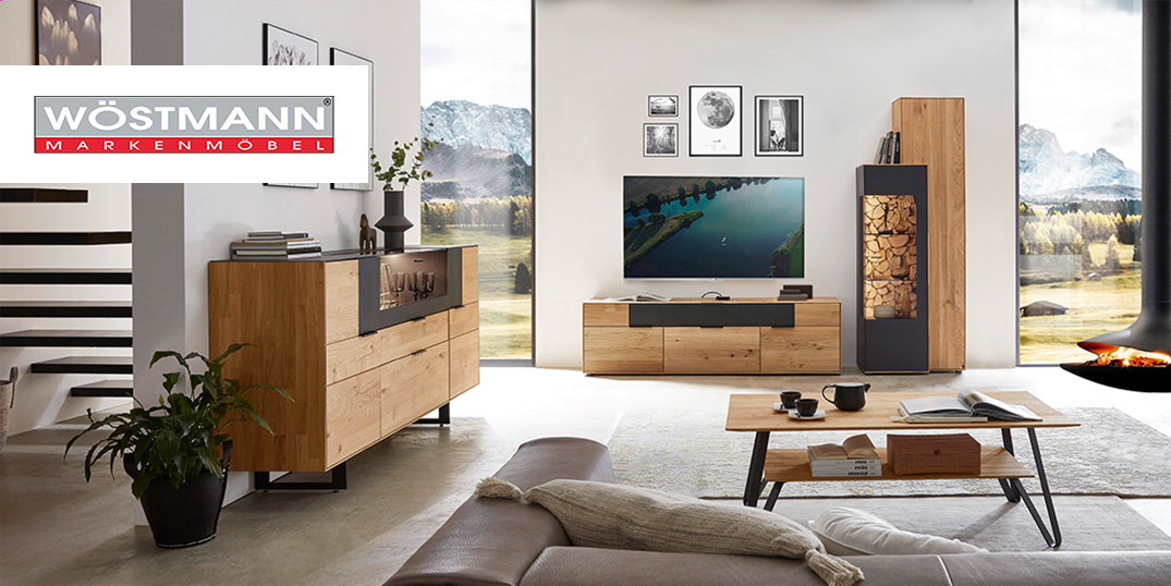 Ein modernes Wohnzimmer mit Holzmöbeln, Kamin, großem Fenster und Blick auf eine Berglandschaft.