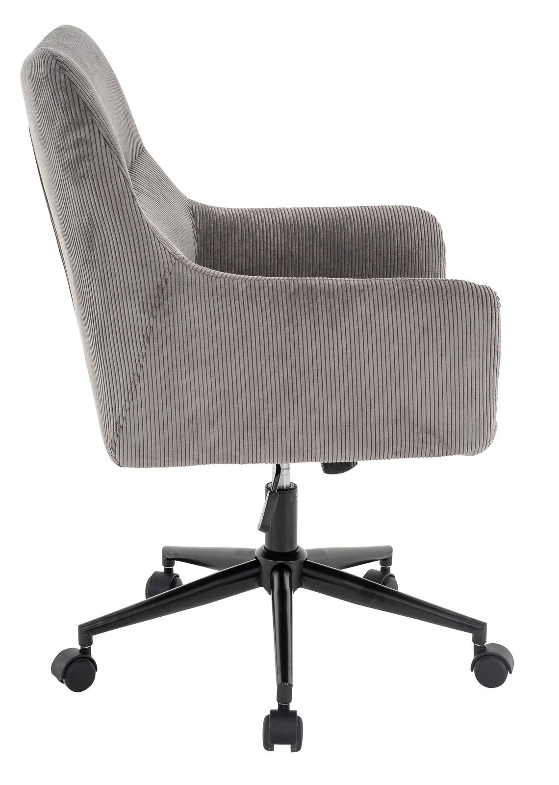 Grauer Drehstuhl aus Stoff mit Armlehnen, Seitenansicht