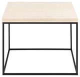 Moderner Couchtisch mit heller Holzplatte und schwarzem Metallgestell, Frontalansicht