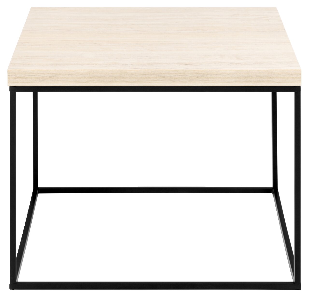 Moderner Couchtisch mit heller Holzplatte und schwarzem Metallgestell, Frontalansicht