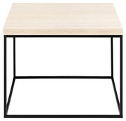 Moderner Couchtisch mit heller Holzplatte und schwarzem Metallgestell, Frontalansicht