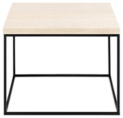 Moderner Couchtisch mit heller Holzplatte und schwarzem Metallgestell, Frontalansicht