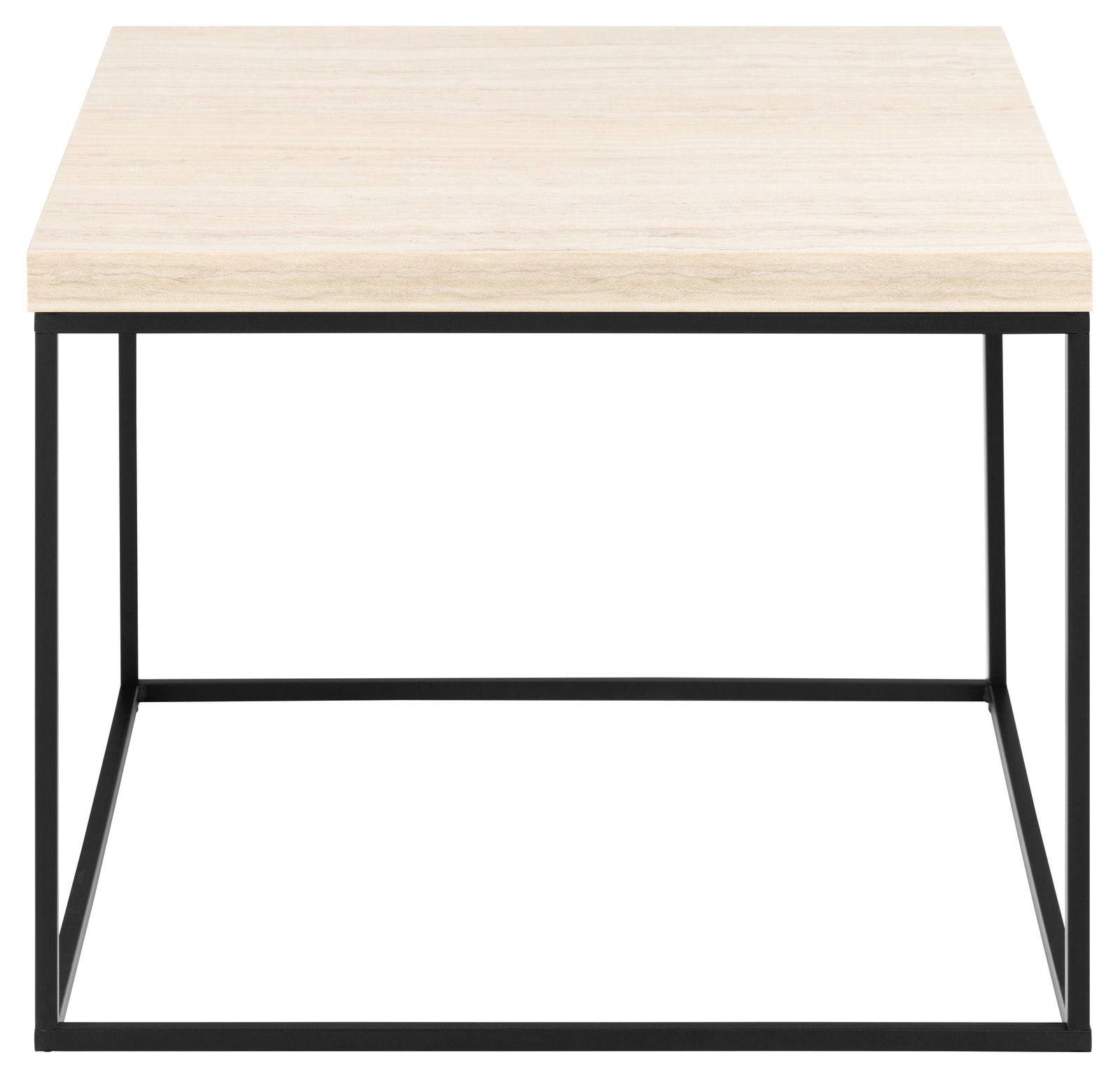 Moderner Couchtisch mit heller Holzplatte und schwarzem Metallgestell, Frontalansicht