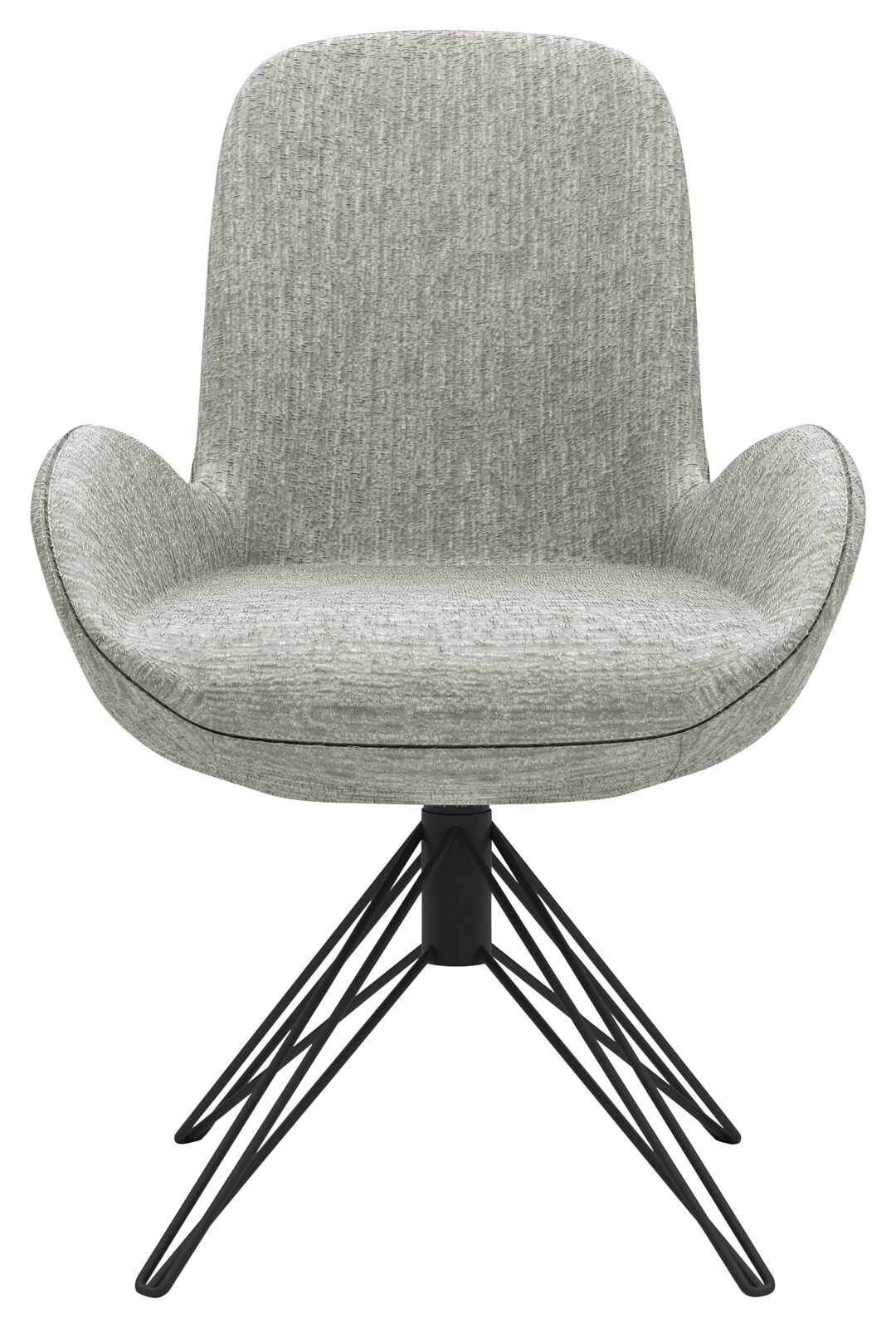 Grauer Armlehnstuhl mit modernem Design, schwarzem Metallgestell und Stoffbezug, Frontalansicht