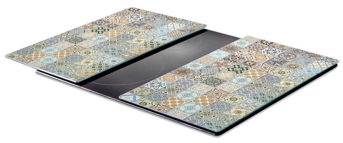 Herdabdeck- und Schneideplatten-Set mit buntem Mosaikmuster, seitliche Perspektive