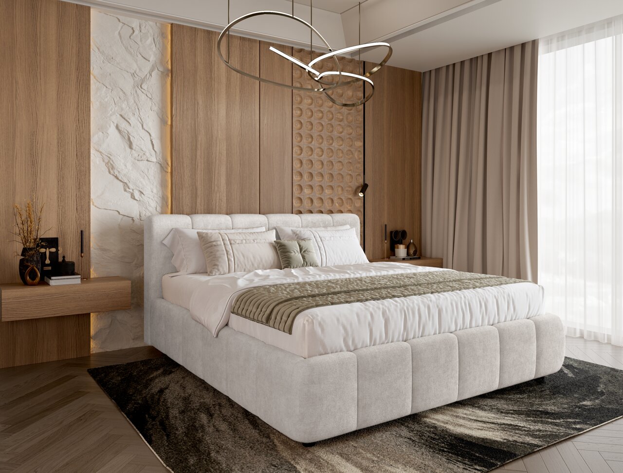 Modernes Polsterbettgestell LARINO von Alberto Martinelli in einem stilvollen Schlafzimmer mit Holz- und Marmorelementen, seitliche Perspektive.